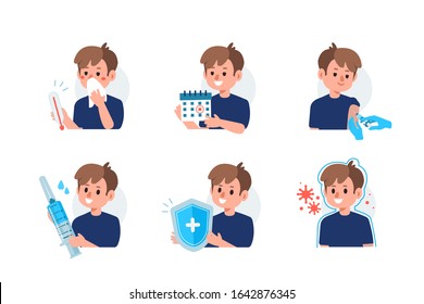 Flu Disease Symptoms and Prevention against Virus and Infection. Character holding Calendar and Preparing for Vaccination. Immunization Campaign Concept. Flat Cartoon Vector Illustration.