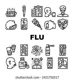 Flu Disease Treatment Collection Icons Set Vector. Flu Treat Vaccine And Test Questionnaire, Tea With Honey And Lemon, Syrup And Eye Drops Black Contour Illustrations