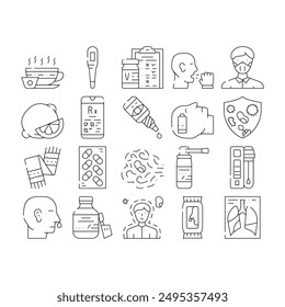 Flu Disease Treatment Collection Icons Set Vector. Flu Treat Vaccine And Test Questionnaire, Tea With Honey And Lemon, Syrup And Eye Drops Black Contour Illustrations