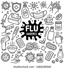 Flu doodle drawing collection. Elements such as medicine, thermometer, viruses, etc are included. Hand drawn vector doodle illustrations isolated over white background.