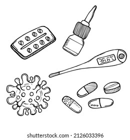 Flu doodle drawing collection. Elements such as medicine, thermometer, viruses, etc are included. Hand drawn vector doodle illustrations isolated over white background.