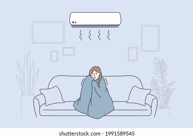 Flu, Fever, feeling cold concept. Young sad woman cartoon character in warm blanket sitting on sofa feeling sick and fever at home vector illustration 