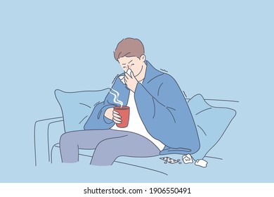 Flu, Fever, Infection Concept. Sad Man Cartoon Character Sitting On Sofa In Warm Blanket With Hot Drink And Feeling Ill Sick And Flu Sneezing Vector Illustration 