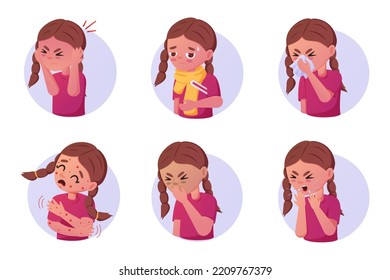 Flu fever. Kid coughing and sneezing. Illness symptoms set. Diseases and ailments. Children allergy. Girl character in cold, measles or asthma. Vector isolated cartoon unwell persons