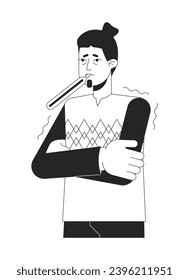 Flu feverish caucasian man with thermometer black and white 2D line cartoon character. Chills guy feeling sick isolated vector outline person. Coronavirus symptom monochromatic flat spot illustration