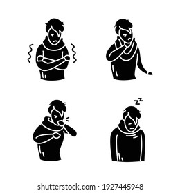 Flu glyph icons set.Fever.Headache.Muscle or back aches.Sore throat.Coronavirus symptoms.Health problem.Filled flat signs. Isolated silhouette vector illustrations