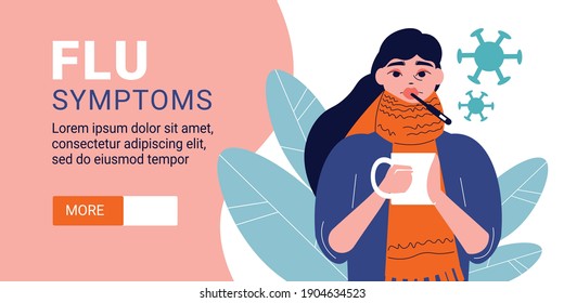 Flu horizontal banner with editable text more button and female character of sick woman got cold vector illustration