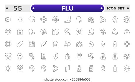 Flu icon set. Illness, diseases, sickness, allergy, pain, organs, virus, heart, eye, stomach, lungs, kidney, brain, bones,Symptoms, treatment and prevention of colds. Virus, fever, sneezing.
