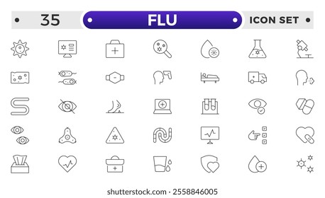 Flu icon set. Illness, diseases, sickness, allergy, pain, organs, virus, heart, eye, stomach, lungs, kidney, brain, bones,Symptoms, treatment and prevention of colds. Virus, fever, sneezing.
