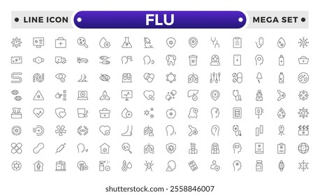 Flu icon set. Illness, diseases, sickness, allergy, pain, organs, virus, heart, eye, stomach, lungs, kidney, brain, bones,Symptoms, treatment and prevention of colds. Virus, fever, sneezing.
