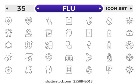 Flu icon set. Illness, diseases, sickness, allergy, pain, organs, virus, heart, eye, stomach, lungs, kidney, brain, bones,Symptoms, treatment and prevention of colds. Virus, fever, sneezing.
