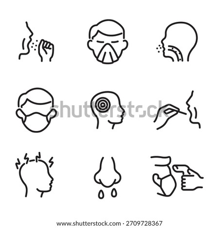 Flu icon set. Line style vectors. Contains icons such as cough, headache, and stuffy nose.