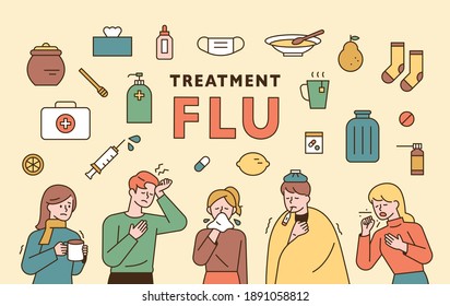 Flu icon set. People with cough, fever and medicine icons. flat design style minimal vector illustration.