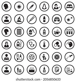 Flu Icons. Black Flat Design In Circle. Vector Illustration.