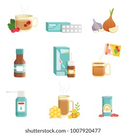 Flu icons set. Alternative and traditional treatments. Tea with raspberries, pills, onions, syrup, nose drops, drink with herbs and honey, throat spray. Flat vector