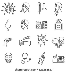 Flu icons set. ARI, thin line design. Respiratory disease, linear symbols collection. Symptoms and treatment of colds and flu, isolated vector illustration.