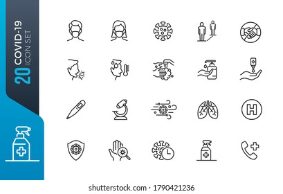 Flu icons set. Collection of linear simple web icons such as medical mask, flu virus, covid-19, symptoms, treatment, prevention, antiseptic, coronavirus infection and other