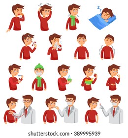 Flu Illness Cartoon Icons With Unhealthy People And Doctors Helping Diseased Patients Flat Vector Illustration