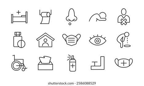 Flu and illnesses line icon set. Pandemic, cough, fever, lung CT scan, headache, pneumonia, lungs, kidney, brain, bones line icon set. UI thin line icon pack.