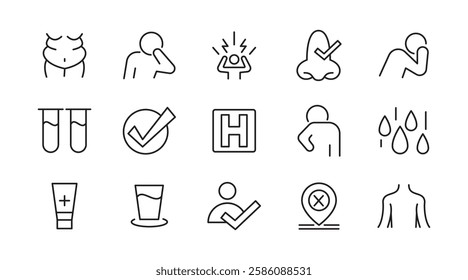 Flu and illnesses line icon set. Pandemic, cough, fever, lung CT scan, headache, pneumonia, lungs, kidney, brain, bones line icon set. UI thin line icon pack.