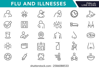 Flu and illnesses line icon set. Pandemic, cough, fever, lung CT scan, headache, pneumonia, lungs, kidney, brain, bones line icon set. UI thin line icon pack.