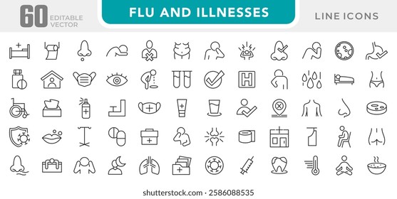Flu and illnesses line icon set. Pandemic, cough, fever, lung CT scan, headache, pneumonia, lungs, kidney, brain, bones line icon set. UI thin line icon pack.