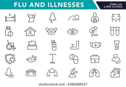 Flu and illnesses line icon set. Pandemic, cough, fever, lung CT scan, headache, pneumonia, lungs, kidney, brain, bones line icon set. UI thin line icon pack.