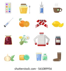 Flu influenza catch a cold sick icons vector set aids pills aspirin honey medicine natural herbs lemon vitamin sweater. Different treatment objects and healthcare illustration isolated on white.