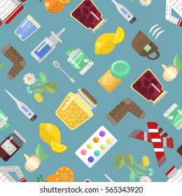 Flu influenza catch a cold sick icons vector seamless pattern aids pills aspirin honey medicine natural herbs lemon vitamin sweater. Different treatment objects illustration isolated.
