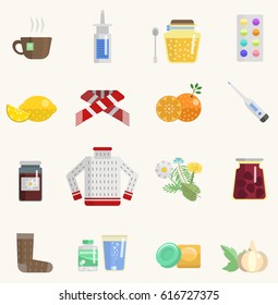 Flu influenza catch a cold sick icons vector set aids pills aspirin honey medicine natural herbs lemon vitamin sweater. Different treatment objects and healthcare illustration isolated on white.