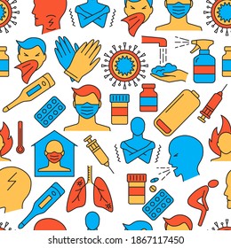 Flu, influenza and coronavirus symptoms and treatment symbols. Medical seamless pattern in line style. Background with infection signs and protection symbols. Vector illustration.