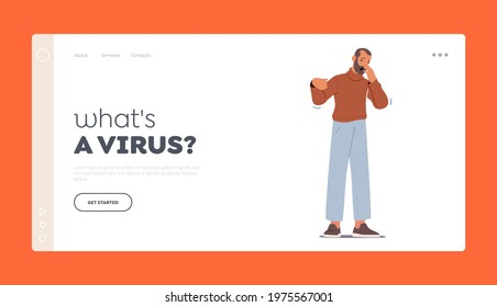 Flu and Influenza Disease Symptoms, Viral Infection Landing Page Template. Diseased Man Sneezing, Ill Male Character with Runny Nose Snot and Cough of Contagious Virus. Cartoon Vector Illustration