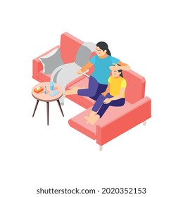 Icono gripal isométrico con mamá midiendo la temperatura de las niñas 3d ilustración vectorial