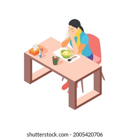 Flu isometric icon with woman eating soup and blowing her nose 3d vector illustration