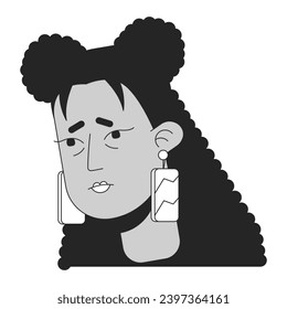 Flu latina woman tired black and white 2D vector avatar illustration. Hispanic young adult suffering from fatigue outline cartoon character face isolated. Sad girl earrings flat user profile image