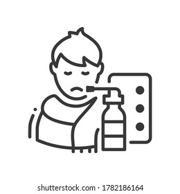Flu - line design style single isolated icon on white background. High quality black pictogram, emblem. Images of boy in a scarf having a cold, nasal spray and pills. Medicine and healthcare idea