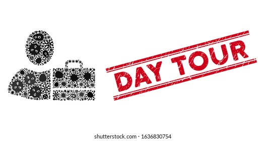 Flu mosaic accounter icon and red Day Tour stamp between double parallel lines. Mosaic vector is formed with accounter icon and with random flu symbols. Day Tour stamp uses red color,