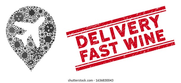 Flu mosaic airplane icon and red Delivery Fast Wine stamp between double parallel lines. Mosaic vector is composed with airplane icon and with scattered epidemic symbols.