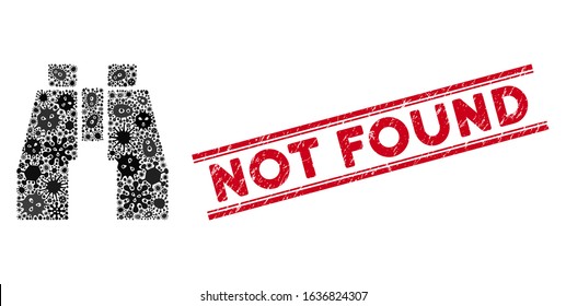 Flu mosaic binoculars icon and red Not Found stamp between double parallel lines. Mosaic vector is formed from binoculars icon and with scattered contagion elements.
