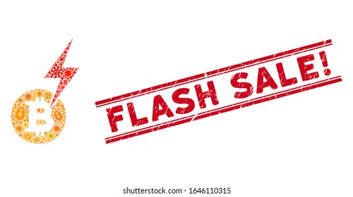 Flu mosaic Bitcoin lightning strike icon and red Flash Sale Exclamation rubber print between double parallel lines.