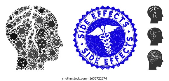 Flu mosaic brain cancer icon and rounded distressed stamp seal with Side Effects text and medic icon. Mosaic vector is composed with brain cancer icon and with random contagious objects.
