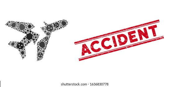 Flu mosaic break airplane icon and red Accident seal between double parallel lines. Mosaic vector is composed with break airplane icon and with random microorganism elements.