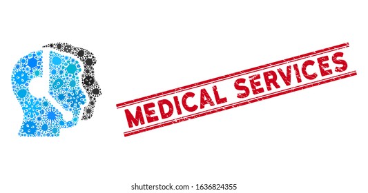 Flu mosaic call center operators icon and red Medical Services seal between double parallel lines. Mosaic vector is formed with call center operators icon and with randomized epidemic items.