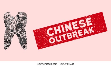 Flu mosaic caries icon and rectangle rubber stamp seal with Chinese Outbreak phrase. Mosaic vector is composed with caries icon and with random amoeba icons.