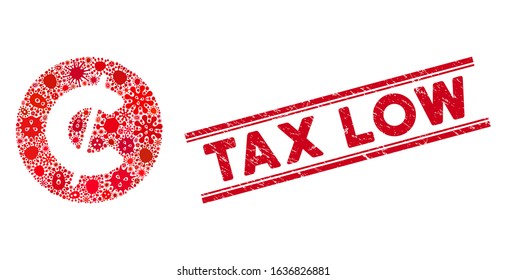 Flu mosaic cent coin icon and red Tax Low seal between double parallel lines. Mosaic vector is composed with cent coin pictogram and with scattered bacillus icons. Tax Low stamp seal uses red color,
