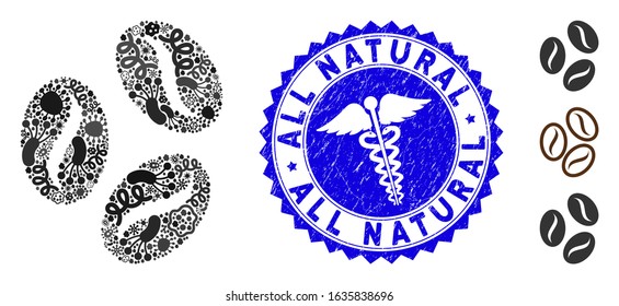 Flu mosaic cocoa beans icon and rounded distressed stamp seal with All Natural phrase and health care icon. Mosaic vector is created from cocoa beans icon and with randomized bacterium elements.
