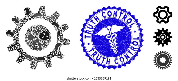 Flu mosaic cog icon and round grunge stamp seal with Truth Control text and caduceus icon. Mosaic vector is created with cog icon and with randomized pandemic icons. Truth Control seal uses red color,