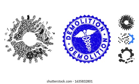 Flu mosaic corrupted gear icon and rounded grunge stamp seal with Demolition text and caduceus sign. Mosaic vector is designed with corrupted gear icon and with scattered viral symbols.