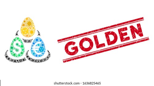 Flu mosaic currency deposit diversification icon and red Golden seal between double parallel lines. Mosaic vector is created from currency deposit diversification icon and with randomized flu icons.