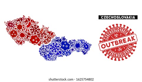 Flu mosaic Czechoslovakia map and red grunge stamp watermark with OUTBREAK message. Czechoslovakia map collage created with scattered bacteria items. Red round OUTBREAK watermark with grunge texture.